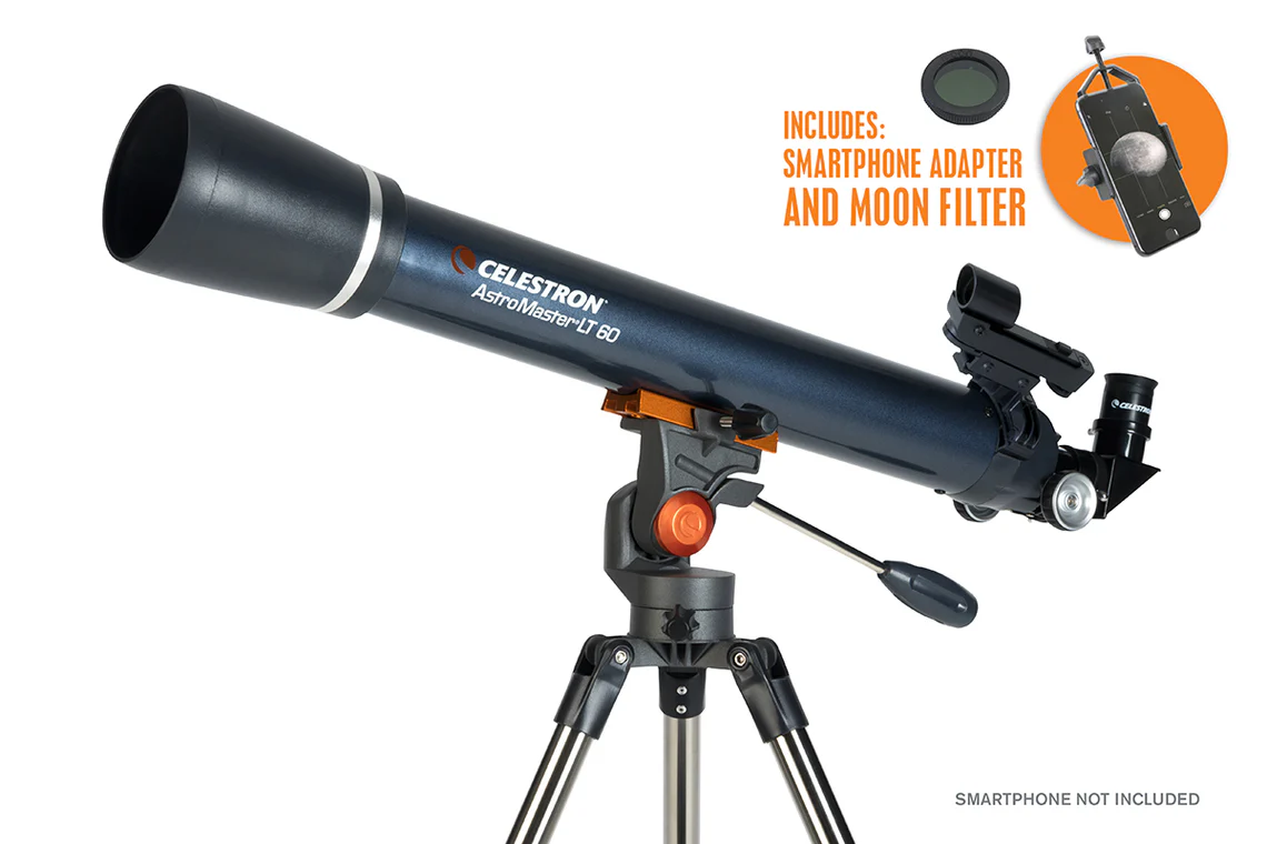 Celestron Astromaster LT 60AZ Refractor Telescope with Phone Adaptor and Moon Filter (22066) With Activation Key 1 - Huligun.com Celestron Astromaster LT 60AZ Refractor Telescope with Phone Adaptor and Moon Filter (22066) With Activation Key
